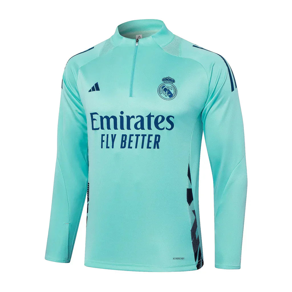 Conjunto Real Madrid Zíper Curto Treino Azul Turquesa 2024/25